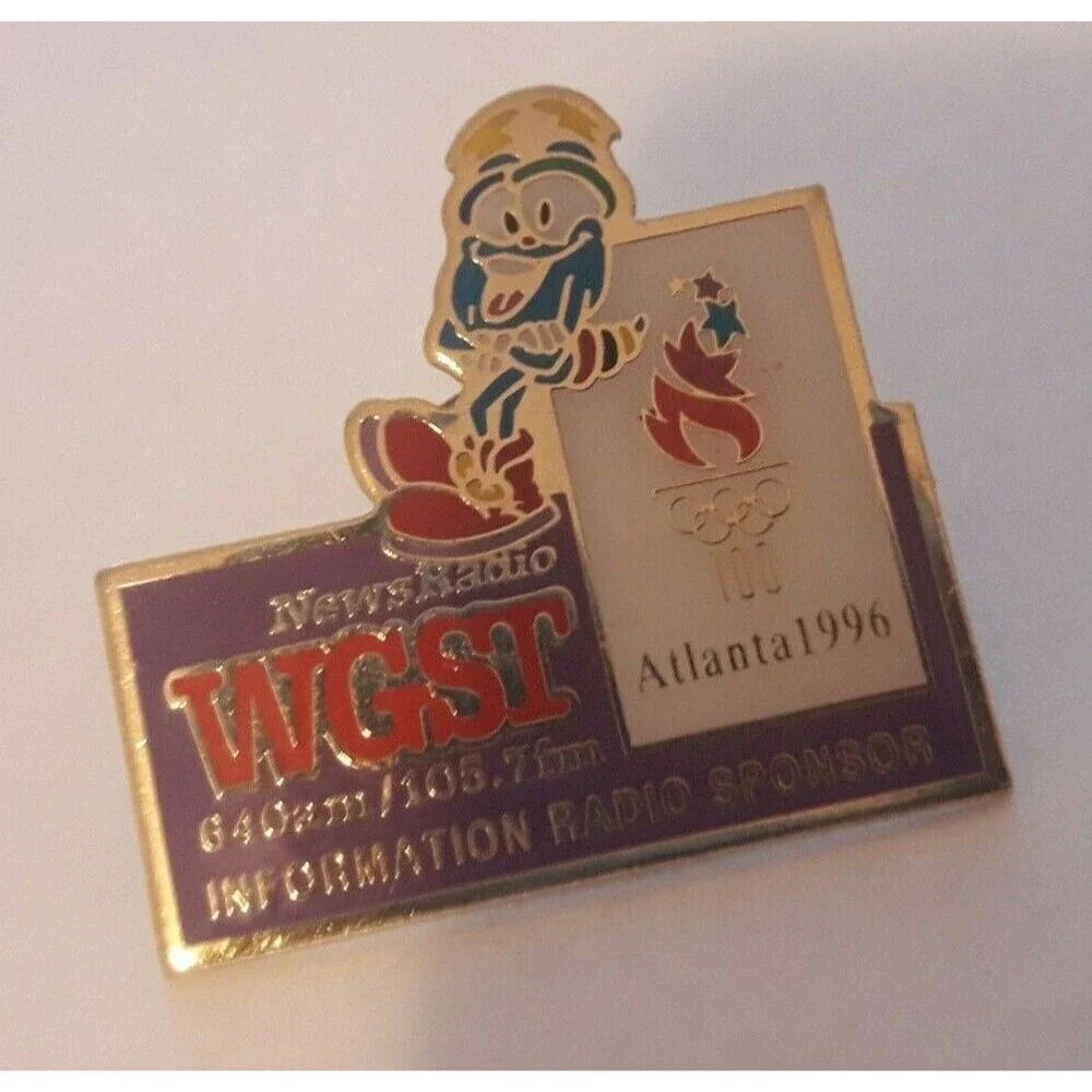 WGST News Radio Olympic Pin 1996 Atlanta Enamel Lapel Tack Sponsor IZZY mascot